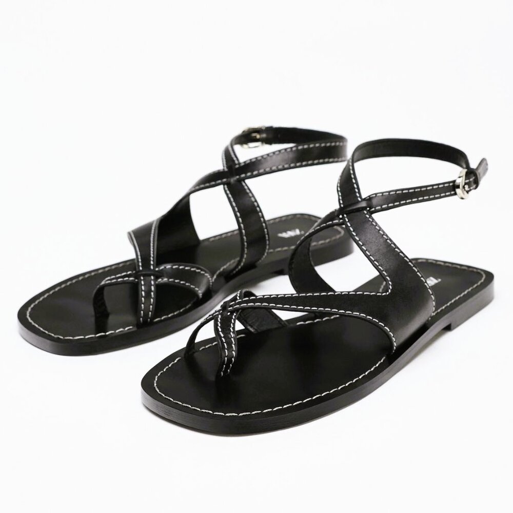 NWT ZARA size 10 LEATHER STRAPPY BLACK SANDALS